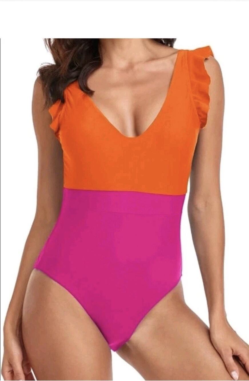Summersalt The Ruffle Backflip in Tangerine and Hibiscus One Piece Swimsuit 6
